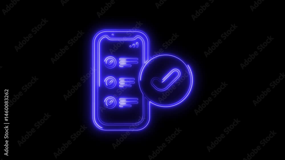 Poster neon mobile checklist glowing animation on dark background complete task management concept