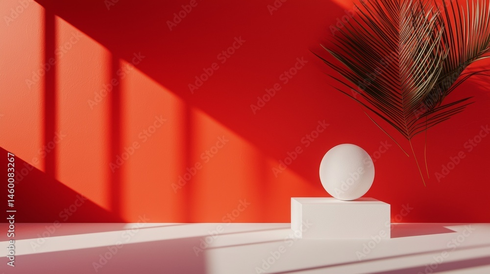 Aufkleber geometric red and white composition with palm leaf for art concept minimal background 3d abstract