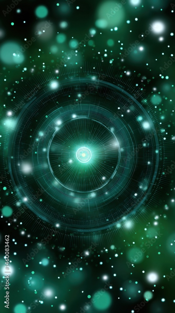 Poster abstract green technology concentric circles with bokeh effects and glowing central point