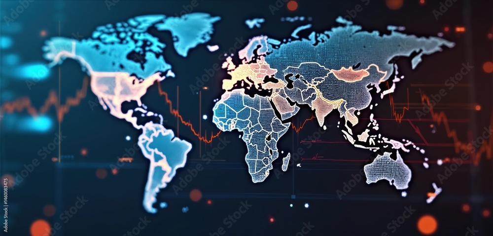 Poster world map with dynamic financial data overlay shows global markets overview. economic regions highli