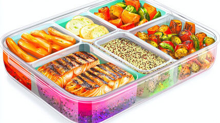 Vibrant, compartmentalized lunch box featuring a variety of healthy foods, including grilled salmon, vegetables, and quinoa, highlighting portion control for a balanced meal.