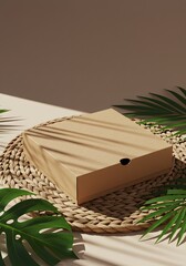 Obraz premium Eco-friendly packaging box mockup on rattan mat with tropical leaves