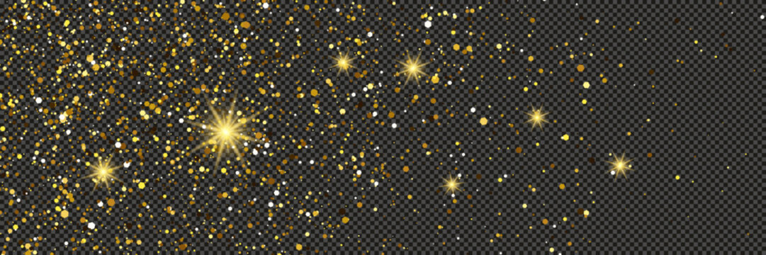 Gold glittering dust with stars on transparent backdrop