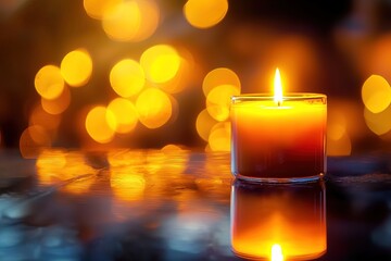 Close-up brightly lit candle, warm flame gently illuminating surrounding space. shiny surface reflects soft glow, serene contemplative atmosphere, themes of prayer, faith, spiritual reflection