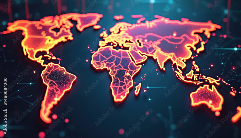 Fototapete neon world map with data lines, business theme. glowing continents with data connection points illus