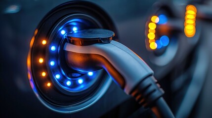 Electric vehicle charging port illuminated with blue and orange lights