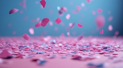 Falling confetti pieces over a pink surface and blue background