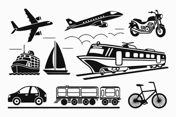 76 Silhouettes of various transportation modes, black and white icons, diverse vehicles, air land and sea transport, simplified shapes, flat design, travel and transportation themed, vector style illu