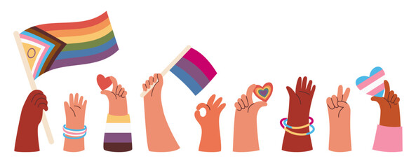 LGBTQ Diverse Hands Holding Rainbow Pride Flags and Hearts collection. LGBT community. Holiday Pride month. Isolated elements for festive design, card, print. Vector illustration
