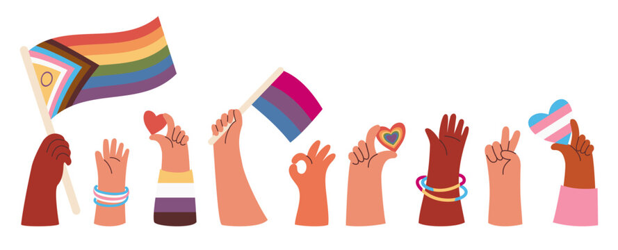 LGBTQ Diverse Hands Holding Rainbow Pride Flags and Hearts collection. LGBT community. Holiday Pride month. Isolated elements for festive design, card, print. Vector illustration