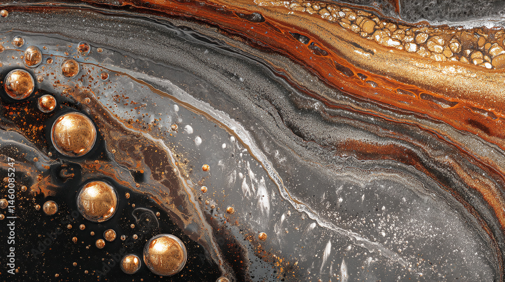 Poster abstract image of swirling black, grey, and orange paint with metallic gold bubbles, creating a luxu