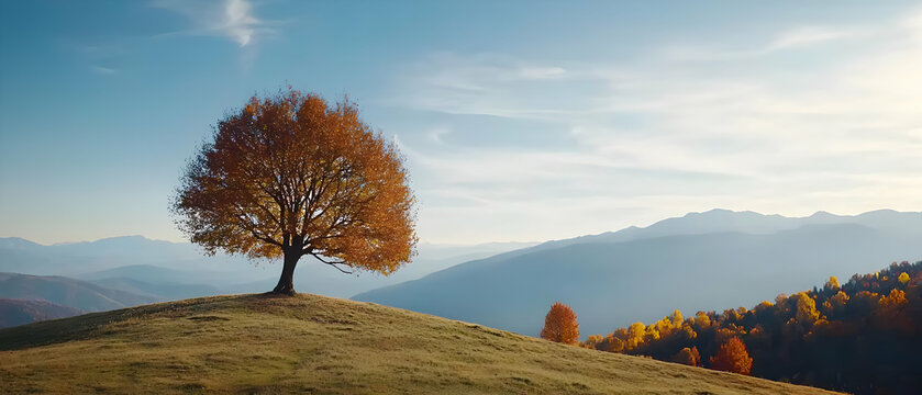 Autumn Tree On Hilltop With Mountain View