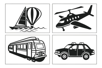 76 Silhouettes of various transportation modes, black and white icons, diverse vehicles, air land and sea transport, simplified shapes, flat design, travel and transportation themed, vector style illu