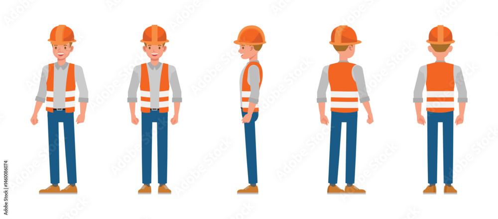 Poster construction worker service front, side and back view character vector illustration design set. pres