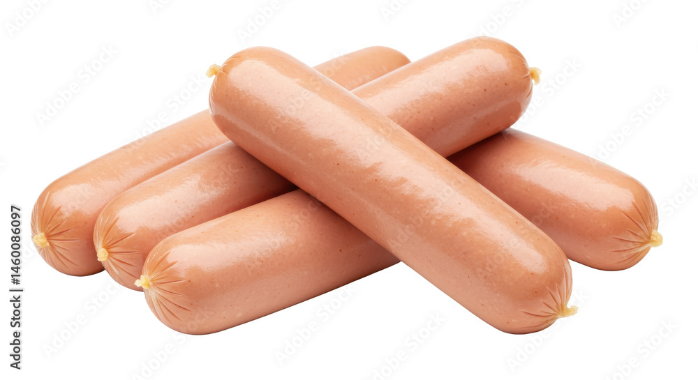 Poster a close up view of a small pile of several light pink sausages stacked together on a light backgroun