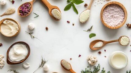 Flat lay of herbs spices and utensils on white marble background for cooking organic kitchen theme