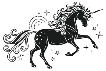 77 Silhouette unicorn, flowing mane and tail, black and white illustration, elegant curves, magical creature, fantasy art, detailed linework, whimsical design, mythical beast, stylized vector graphic,