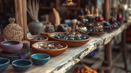 Rustic artisan pottery on wooden table in ceramic studio for handmade craft lifestyle interior theme