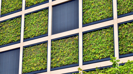 Green office building with plants on the facade. Ecology and green living in city, urban environment concept. Eco architecture. 