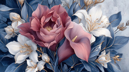 Elegant decorative soft pastel burgundy and white flower with gold accents and blue leaves on background in 3D oil painting style for modern wall art and interior design