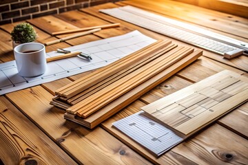 Wooden Planks and Architectural Blueprints on a Desk