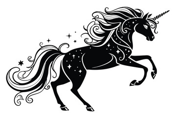 77 Silhouette unicorn, flowing mane and tail, black and white illustration, elegant curves, magical creature, fantasy art, detailed linework, whimsical design, mythical beast, stylized vector graphic,