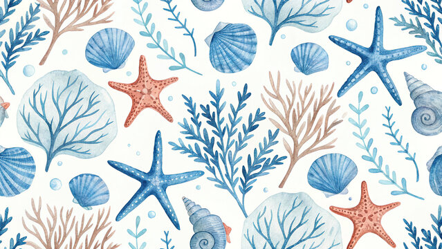 seamless pattern with blue shells starfish coral underwater ocean marine elements for nautical summer design watercolor, with chrome or metallic design