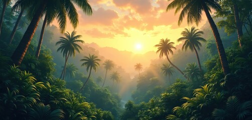 Obraz premium Tropical landscape illustration at sunset. Jungle with palms trees and other wild plants. Sky with clouds and setting sun. Rainforest. Nature, paradise beauty.
