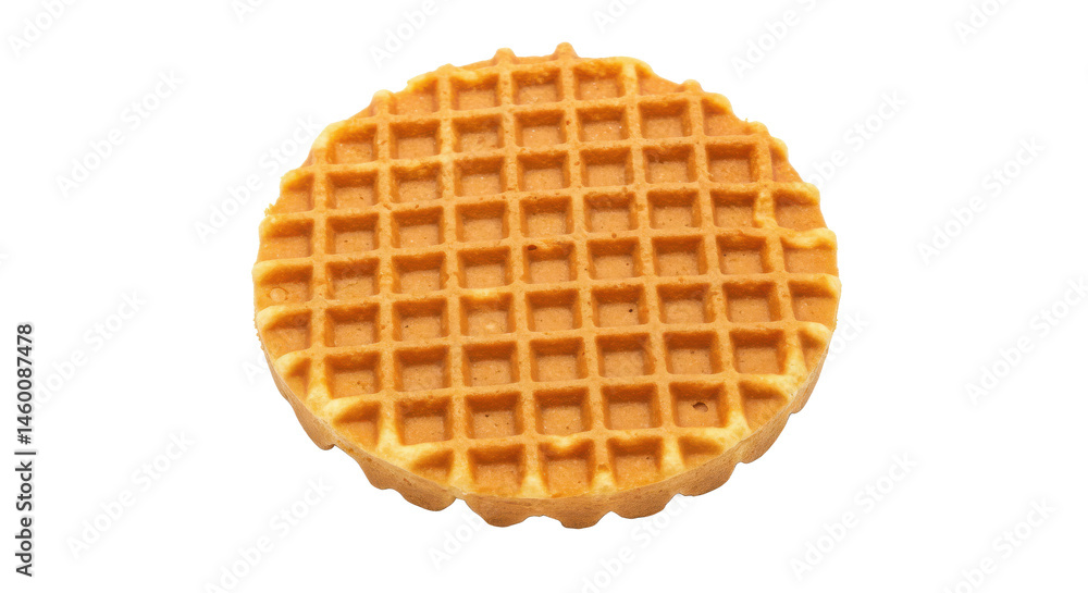 Poster a single round waffle is centered against a black background with a slightly visible shadow beneath 
