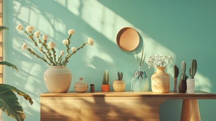 Minimal decor with vases and cutting board in pastel kitchen environment for lifestyle wellness theme