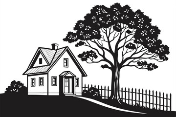 80 Black and white illustration, apple tree silhouette, stylized design, symmetrical composition, round fruit shapes, dense foliage, organic curves, botanical artwork, vector graphic style, minimalist