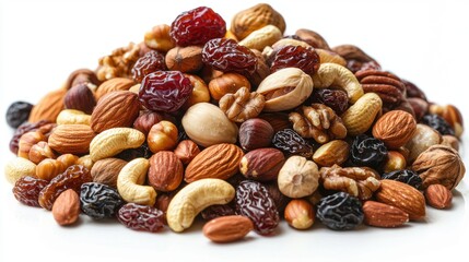 A large pile of mixed nuts and dried fruit on a white background.