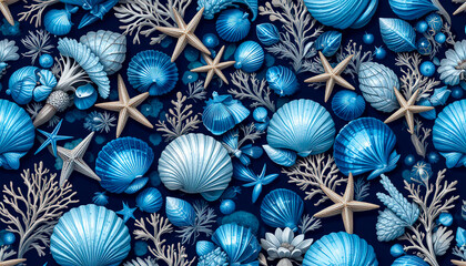seamless pattern with blue shells starfish coral underwater ocean marine elements for nautical summer design watercolor, with chrome or metallic design