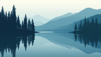 Peaceful, tranquil mountain lake scene with mirroring reflections.