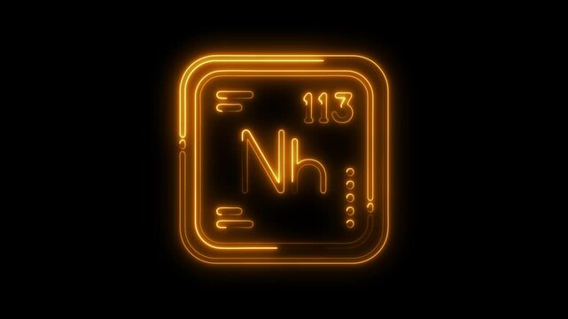 Neon element nihonium number 113 glowing on black background with chemical data