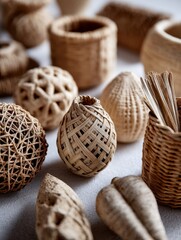 Woven Crafts: Natural Fiber Textures - Intricate woven baskets and natural fiber art. Artisan craftsmanship, earthy tones, handcrafted texture, sustainable materials, and organic design