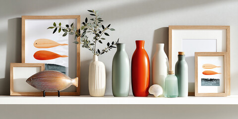 Decorative shelf with art, vases, and fish sculptures in a modern living area during daylight.