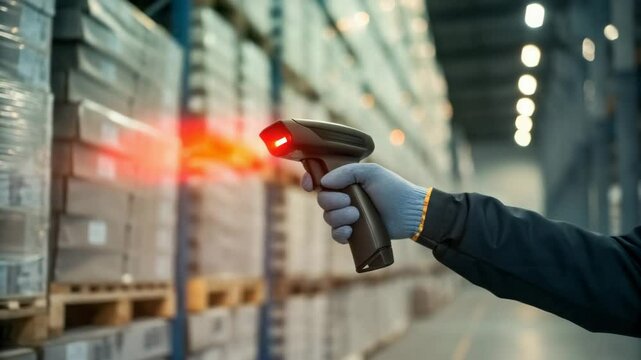 A worker scans barcodes on warehouse shelves with a handheld barcode scanner, tracking inventory efficiently.

