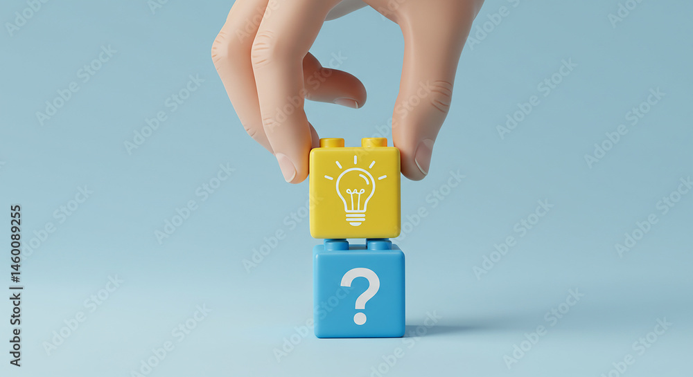 Aufkleber hand placing a yellow block with lightbulb on a blue block with question mark on a light blue backgr