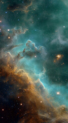Fototapeta premium Teal and gold nebula texture, cosmic dust and stars create a celestial landscape, symbolizing mystery, vastness, and wonder of space