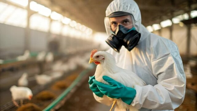 A person in protective gear examines a chicken inside a commercial poultry farm.

