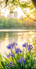 Park lake at sunset with irises. Lush greenery, calm water reflecting city skyline