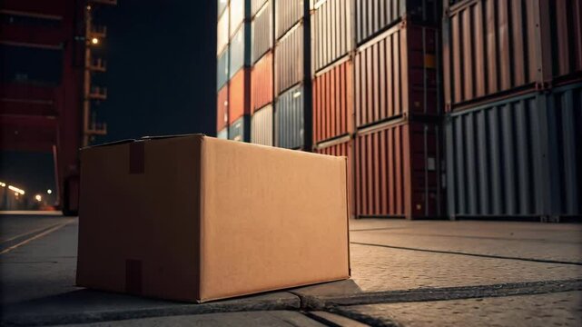 A cardboard box sits on the ground in front of stacked shipping containers at an industrial port at night.

