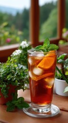 Refreshing iced tea with orange slices and mint sprig on wooden table surrounded by green plants