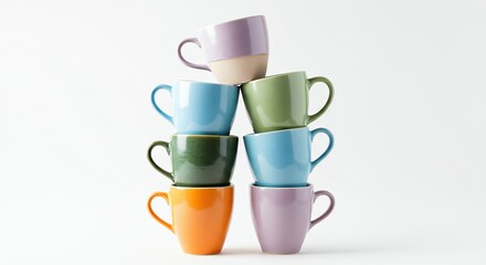 Stacked colorful mugs against white background