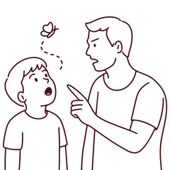 Line drawing of father talking to inattentive son with ADHD, boy distracted by butterfly