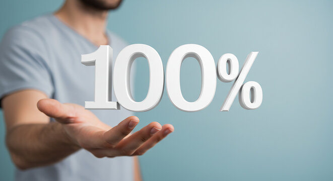 Man presenting one hundred percent symbol with his hand against a light blue background image selling,purchasing,agreement,$