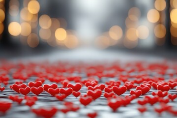 Red heart-shaped figures scattered across a path.