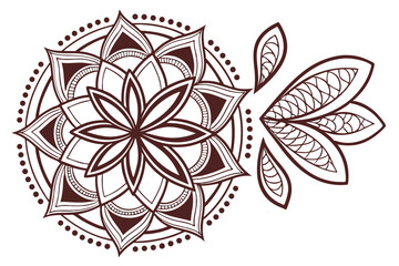 79 Intricate mandala design, symmetrical floral pattern, brown and white color scheme, circular geometric shape, detailed petal-like elements, radial composition, ornate decorative illustration, zenta