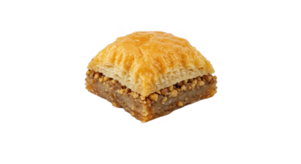 A single piece of baklava pastry with golden brown layers and visible nuts on a black background square